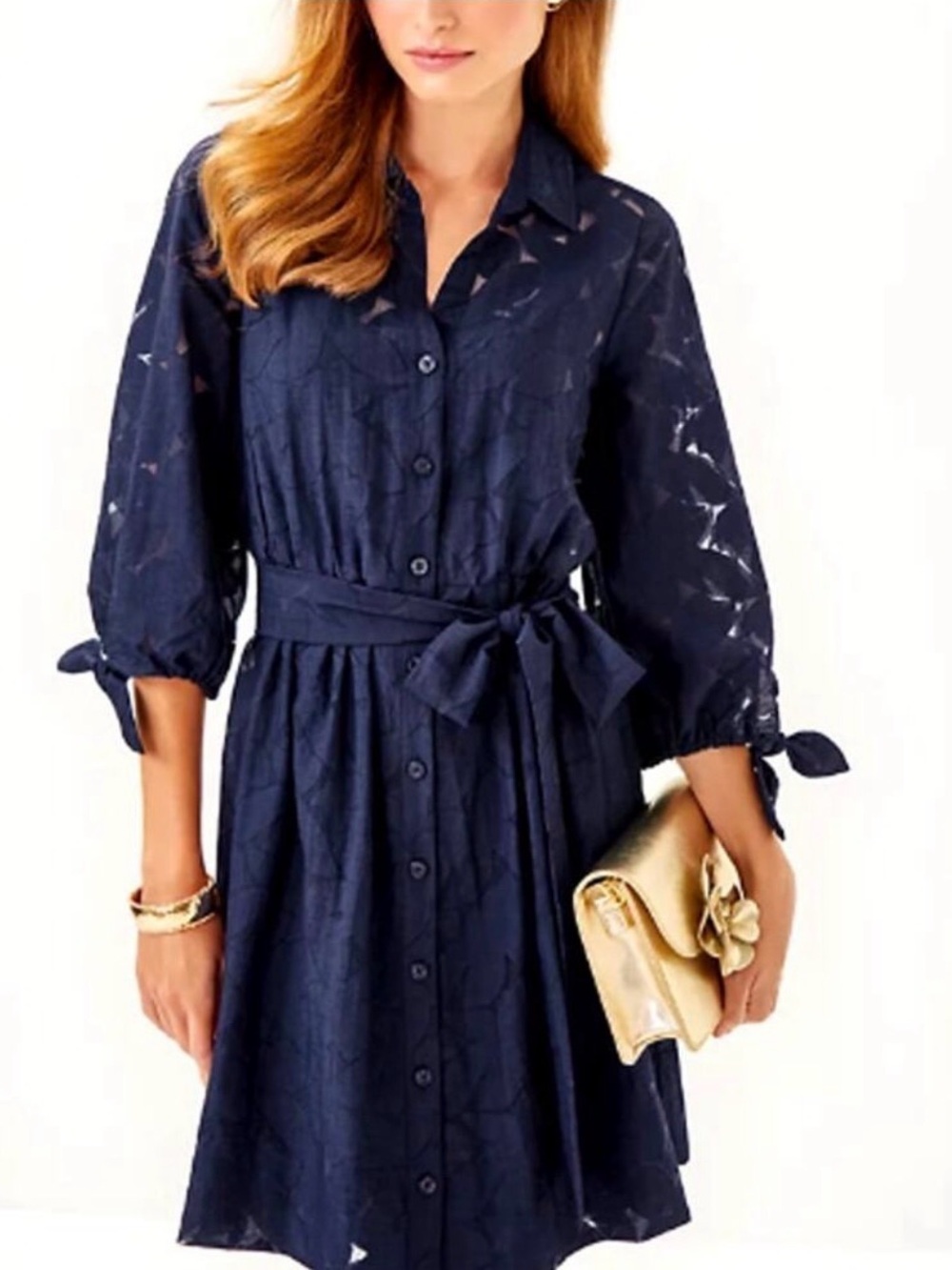 Lilly Pulitzer Amrita 3/4 Sleeve Floral Faille Shirt Dress In Navy Size 8 *Read*